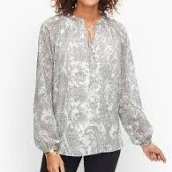 Talbots Size MP Tie Neck White with Black Paisley Blouse Exc. Used Cond. - Picture 2 of 14